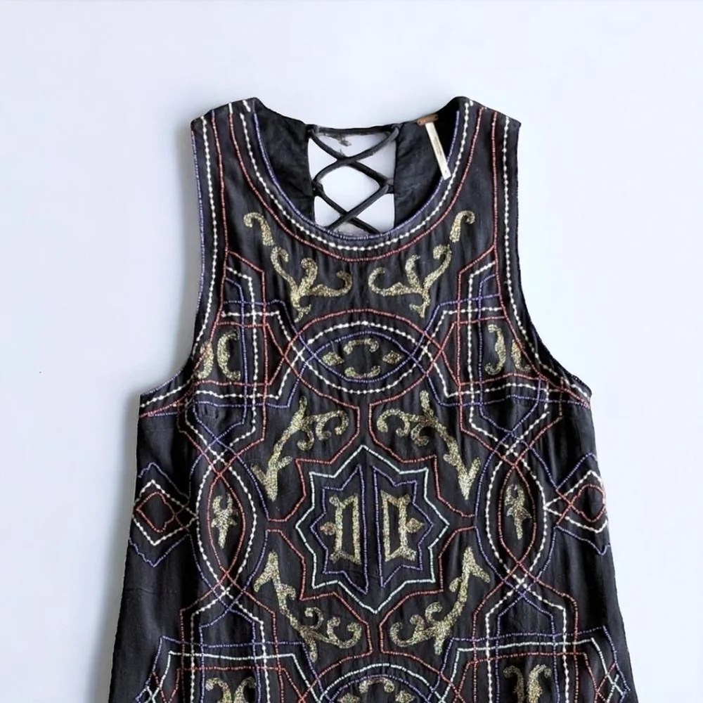 Free People Beaded Black Mandala Sleeveless Mini Dress Lace Up Back Womens Sz 2